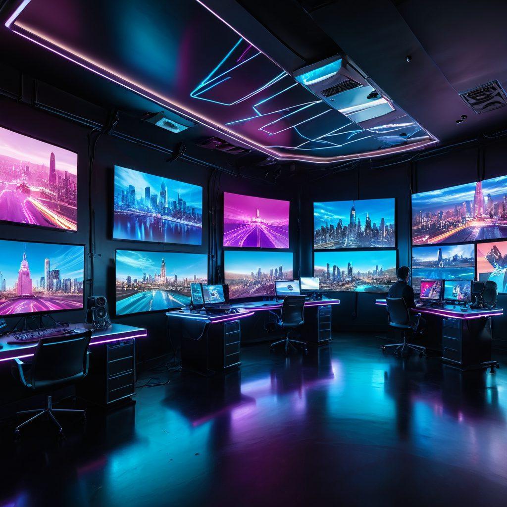 A futuristic video blogging studio with holographic screens displaying diverse content creators from around the world. Bright neon colors illuminate the scene, showcasing high-tech equipment and an engaged audience. In the background, a skyline of a vibrant city symbolizes the ever-evolving entertainment industry. The setting conveys innovation and excitement for the future of video blogging. super-realistic. vibrant colors. cyberpunk.