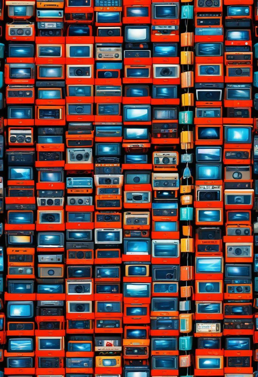 A dynamic visual journey showcasing the evolution of video content, featuring classic cable television icons transforming into sleek streaming services. Include retro cable boxes morphing into modern digital devices, surrounded by vibrant screens displaying varied content like movies, series, and live sports. Integrate symbols of innovation like Wi-Fi signals and cloud storage. Captivate with a lively color palette that represents change and diversity in media consumption. super-realistic. vibrant colors. digital art.