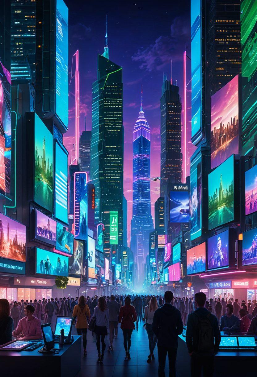 A futuristic city skyline with bright holographic screens displaying video blogs and entertainment news. Surround the skyline with diverse groups of people watching the screens on various digital devices, capturing the essence of digital media. Add elements of vibrant colors with a mix of technology and creativity. The scene should evoke a sense of innovation and connectivity in digital storytelling. sci-fi, vibrant colors, super-realistic.